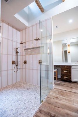 Bathroom, Glass Shower, Interior, Recessed Lighting, Wood Texture Flooring
