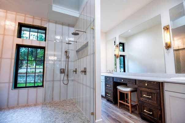 Bathroom, Glass Shower, Interior, Wood Texture Flooring