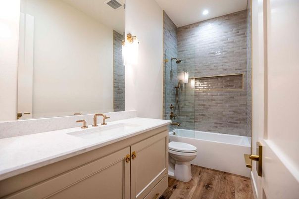 Bathroom, Glass Shower, Interior, Recessed Lighting, Wood Texture Flooring