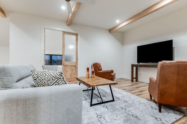 Interior, Living room, Recessed Lighting, Wooden Beams, Wood Texture Flooring