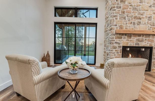 Fireplace, Interior, Living room, Stone Walls, Wood Texture Flooring