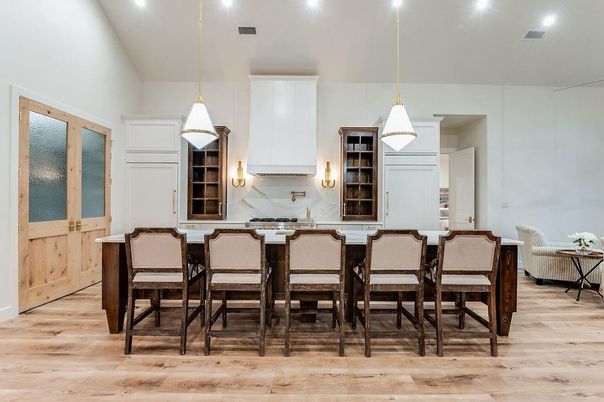 Dining room, Interior, Pendant Lights, Recessed Lighting, Wood Texture Flooring