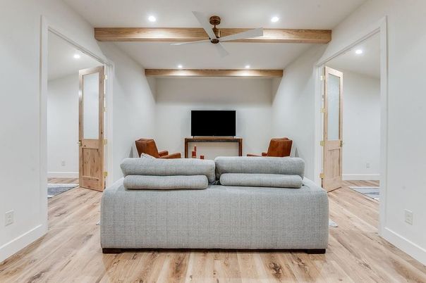 Interior, Living room, Recessed Lighting, Wooden Beams, Wood Texture Flooring