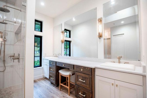 Bathroom, Dual Sink Vanities, Glass Shower, Interior, Recessed Lighting, Wood Texture Flooring
