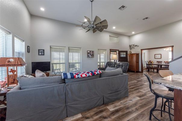 Dining room, Interior, Living room, Recessed Lighting, Wood Texture Flooring