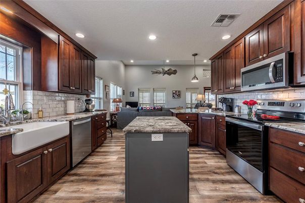 Interior, Kitchen, Pendant Lights, Recessed Lighting, Stainless Steel Appliances, Wood Texture Flooring