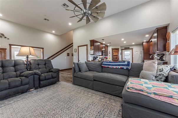 Interior, Kitchen, Living room, Recessed Lighting, Stainless Steel Appliances, Wood Texture Flooring