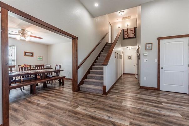 Dining room, Interior, Recessed Lighting, Wood Texture Flooring