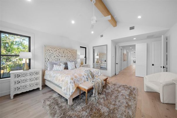 Bedroom, Interior, Recessed Lighting, Wooden Beams, Wood Texture Flooring