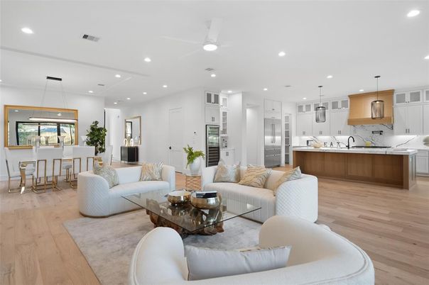 Dining room, Interior, Kitchen, Living room, Pendant Lights, Recessed Lighting, Stainless Steel Appliances, Wood Texture Flooring