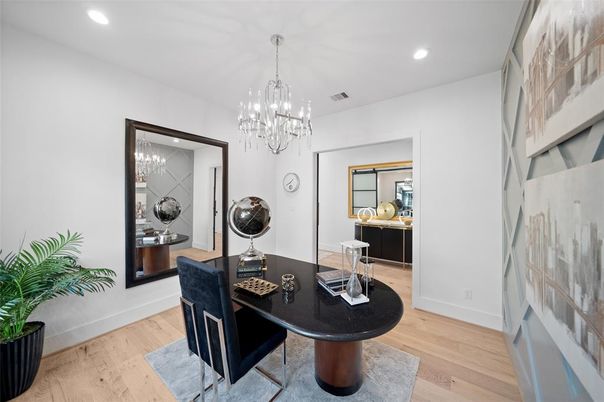 Chandelier, Home Office, Interior, Recessed Lighting, Wood Texture Flooring