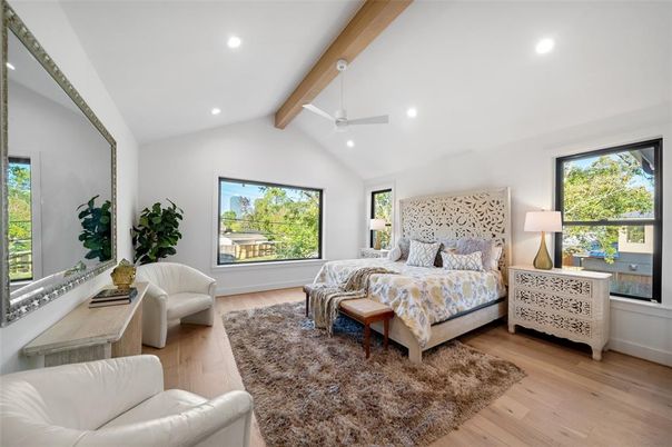 Bedroom, Interior, Recessed Lighting, Wooden Beams, Wood Texture Flooring