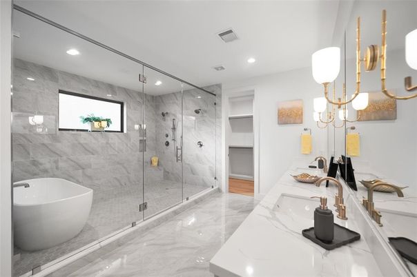 Bathroom, Dual Sink Vanities, Free Standing Baths, Glass Shower, Interior, Marble, Marble Walls, Recessed Lighting