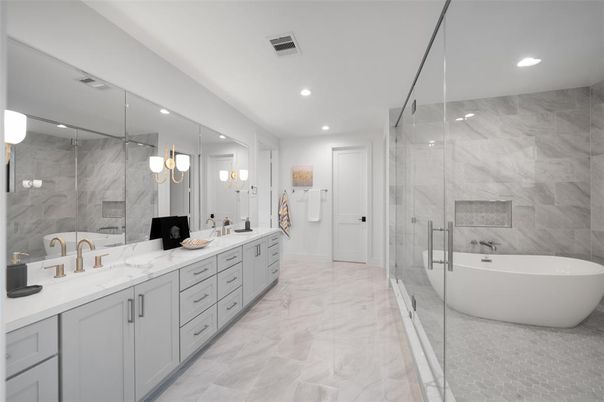 Bathroom, Dual Sink Vanities, Free Standing Baths, Glass Shower, Interior, Marble, Marble Walls, Recessed Lighting