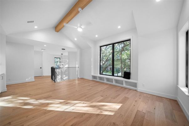 Empty room, Interior, Pendant Lights, Recessed Lighting, Wooden Beams, Wood Texture Flooring