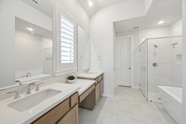 Bathroom, Dual Sink Vanities, Glass Shower, Interior, Marble, Recessed Lighting
