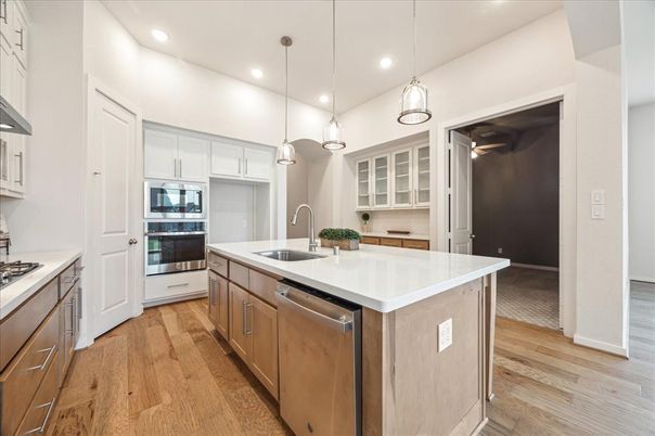 Interior, Kitchen, Pendant Lights, Recessed Lighting, Stainless Steel Appliances, Wood Texture Flooring