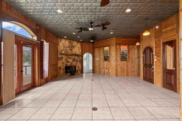 Fireplace, Interior, Pendant Lights, Recessed Lighting, Wooden Walls