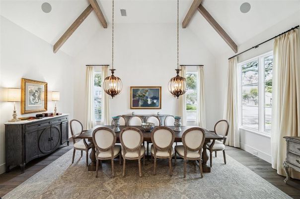 Dining room, Interior, Pendant Lights, Wooden Beams, Wood Texture Flooring