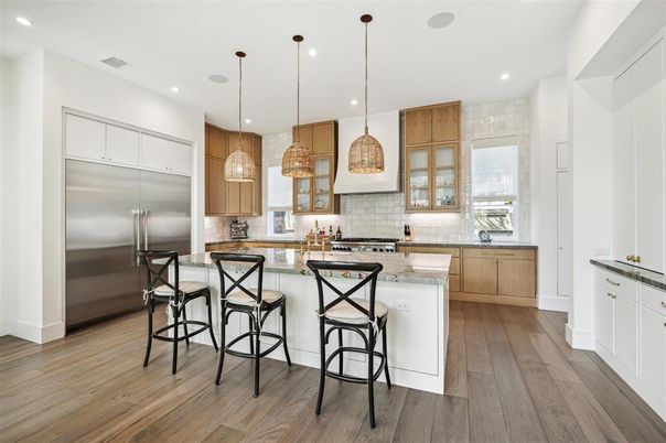Interior, Kitchen, Pendant Lights, Recessed Lighting, Stainless Steel Appliances, Wood Texture Flooring