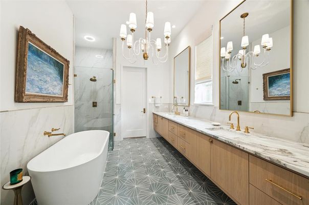 Bathroom, Chandelier, Dual Sink Vanities, Free Standing Baths, Glass Shower, Interior, Marble, Marble Walls, Recessed Lighting