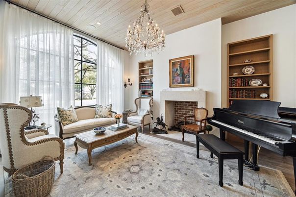 Chandelier, Fireplace, Interior, Living room, Piano, Recessed Lighting, Wooden Ceilings, Wood Texture Flooring