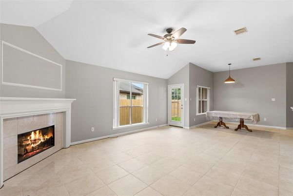 Billiard Table, Empty room, Fireplace, Game Room, Interior, Pendant Lights