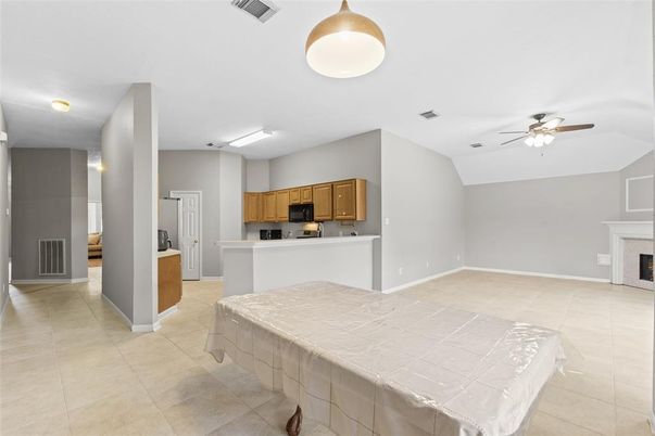 Fireplace, Interior, Kitchen, Tile Countertops