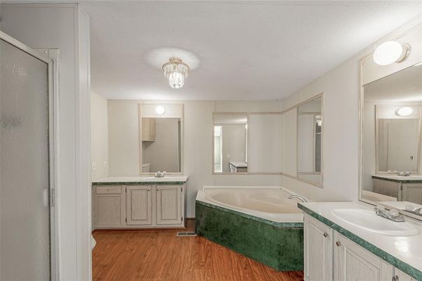 Bathroom, Dual Sink Vanities, Interior, Wood Texture Flooring