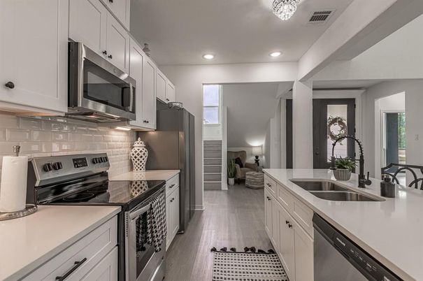 Interior, Kitchen, Recessed Lighting, Stainless Steel Appliances, Wood Texture Flooring