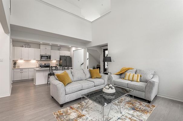Interior, Kitchen, Living room, Recessed Lighting, Stainless Steel Appliances, Wood Texture Flooring
