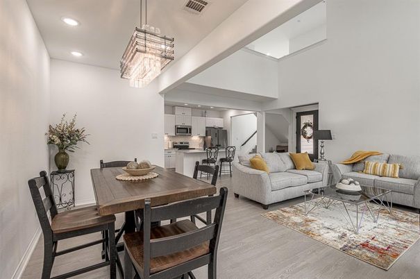 Dining room, Interior, Kitchen, Living room, Pendant Lights, Recessed Lighting, Stainless Steel Appliances, Wood Texture Flooring
