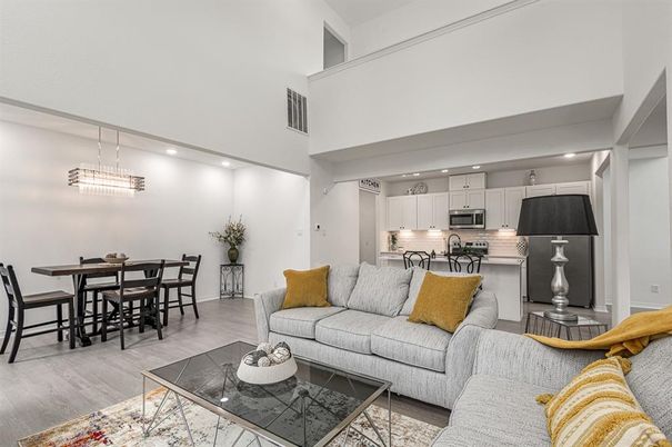 Dining room, Interior, Kitchen, Living room, Pendant Lights, Recessed Lighting, Stainless Steel Appliances, Wood Texture Flooring