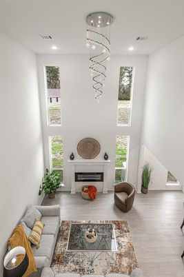 Fireplace, Interior, Living room, Pendant Lights, Recessed Lighting, Wood Texture Flooring