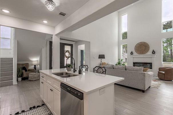 Fireplace, Interior, Kitchen, Living room, Recessed Lighting, Wood Texture Flooring