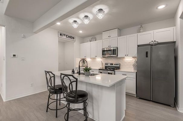Interior, Kitchen, Recessed Lighting, Stainless Steel Appliances, Wood Texture Flooring