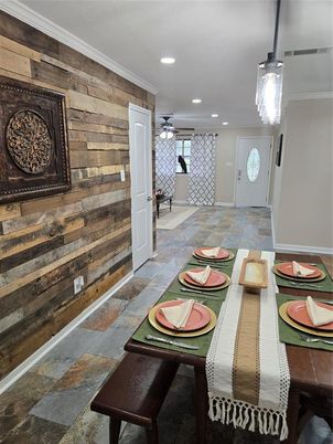 Dining room, Interior, Pendant Lights, Recessed Lighting, Wooden Walls