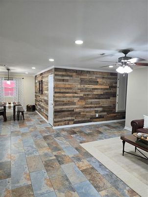 Dining room, Interior, Pendant Lights, Recessed Lighting, Wooden Walls