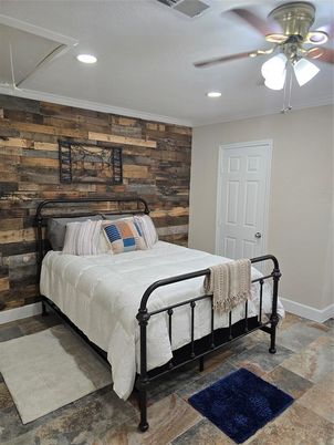 Bedroom, Interior, Recessed Lighting, Wooden Walls