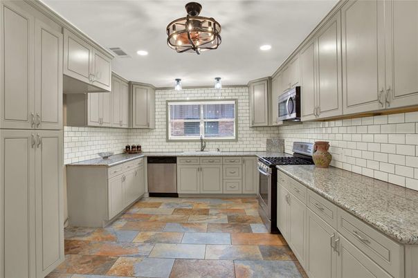 Interior, Kitchen, Recessed Lighting, Stainless Steel Appliances, Stone Walls