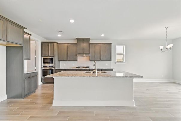 Chandelier, Interior, Kitchen, Recessed Lighting, Stainless Steel Appliances, Wood Texture Flooring