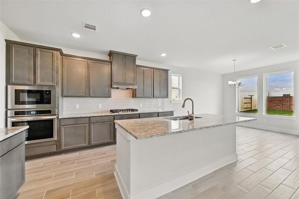 Chandelier, Interior, Kitchen, Pendant Lights, Recessed Lighting, Stainless Steel Appliances, Wood Texture Flooring