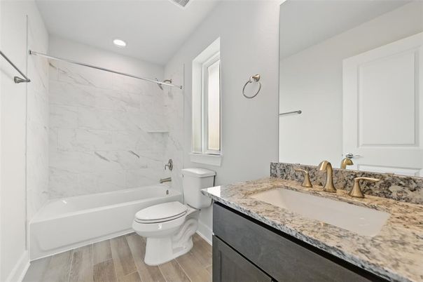Bathroom, Interior, Marble Walls, Recessed Lighting, Wood Texture Flooring