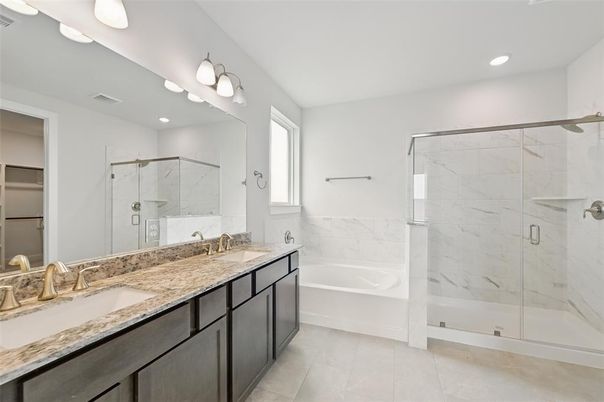 Bathroom, Dual Sink Vanities, Glass Shower, Interior, Marble Walls, Recessed Lighting