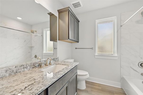 Bathroom, Interior, Marble Walls, Recessed Lighting, Wood Texture Flooring