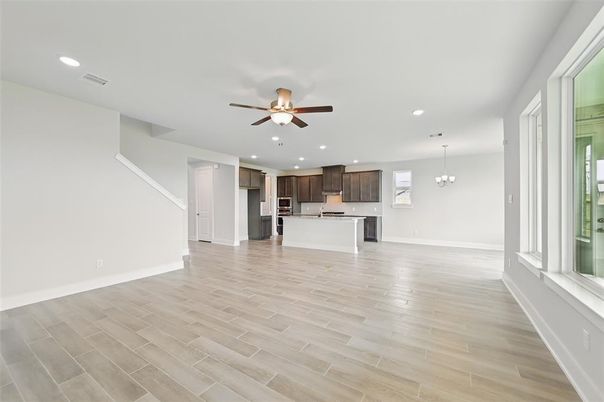 Chandelier, Empty room, Interior, Kitchen, Recessed Lighting, Wood Texture Flooring