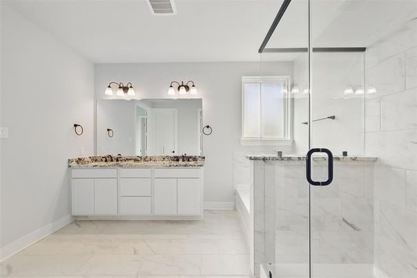 Bathroom, Dual Sink Vanities, Glass Shower, Interior, Marble, Marble Walls