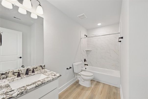 Bathroom, Interior, Marble Walls, Recessed Lighting, Wood Texture Flooring