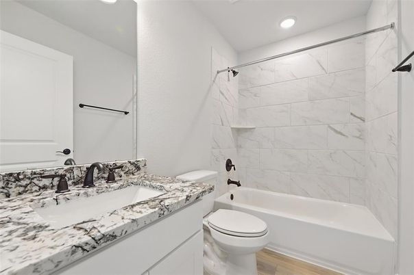 Bathroom, Interior, Marble Walls, Recessed Lighting, Wood Texture Flooring