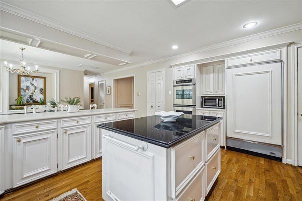 Chandelier, Interior, Kitchen, Recessed Lighting, Stainless Steel Appliances, Wood Texture Flooring